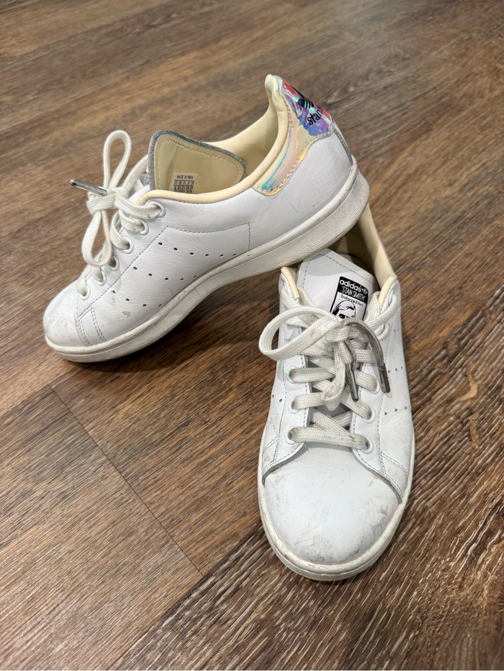 adidas Stan Smith White Leather Sneakers with Iridescent Heel Accent